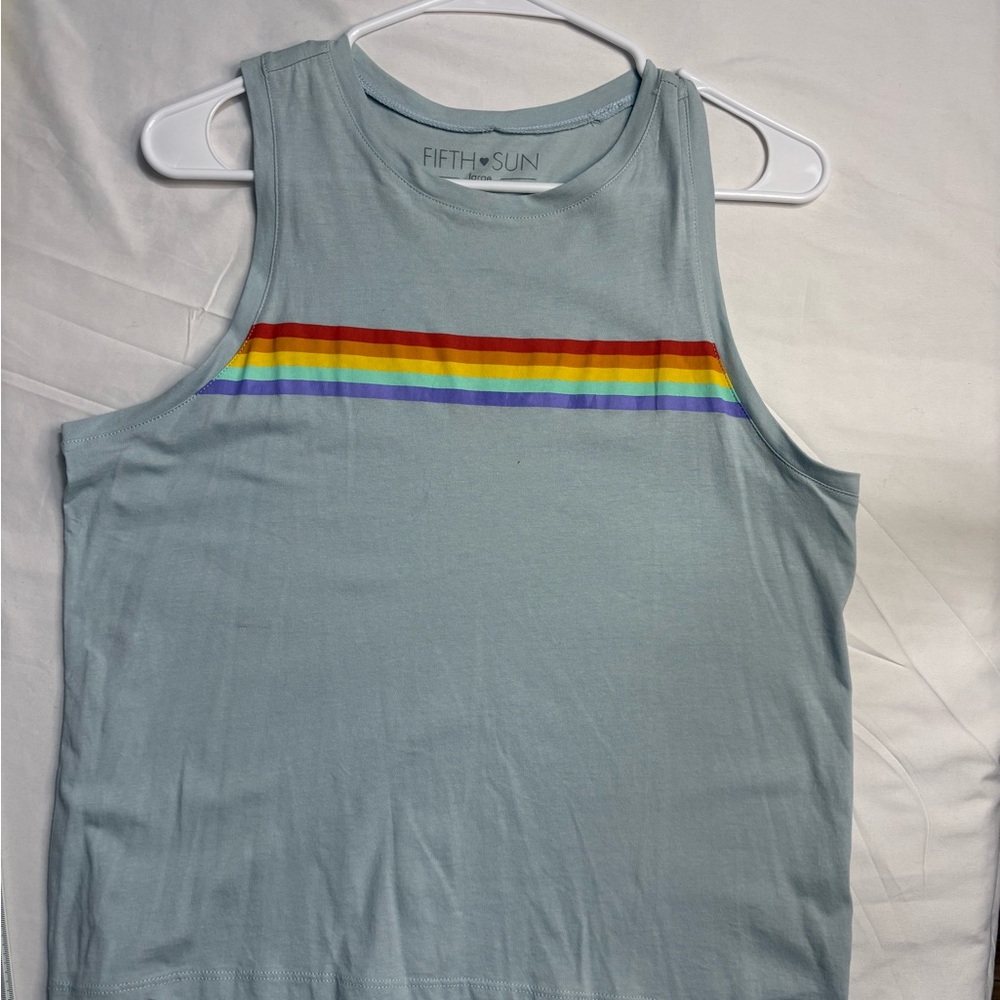 Fifth Sun Light Blue Tank with Rainbow Stripe
